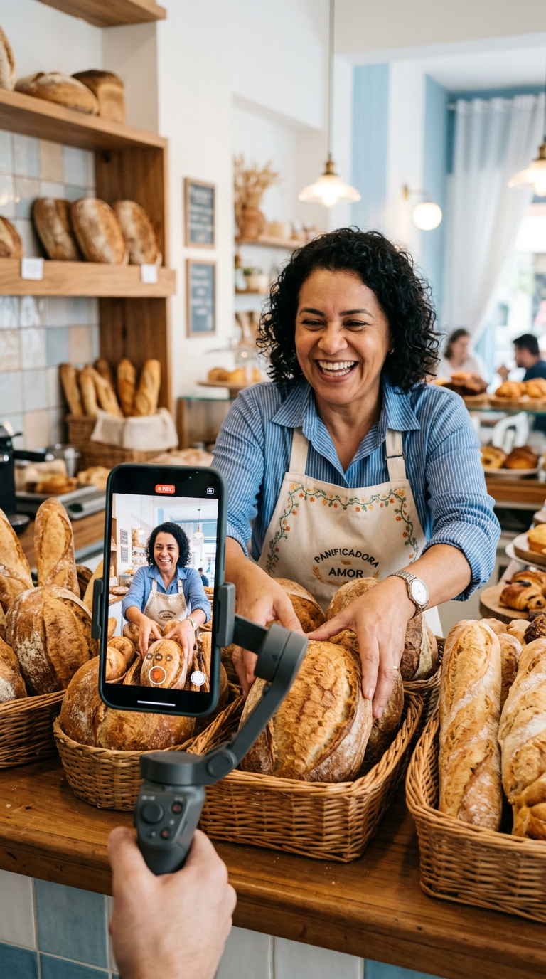 Celular em um estabilizador gravando a dona de uma padaria local organizando pães no balcão